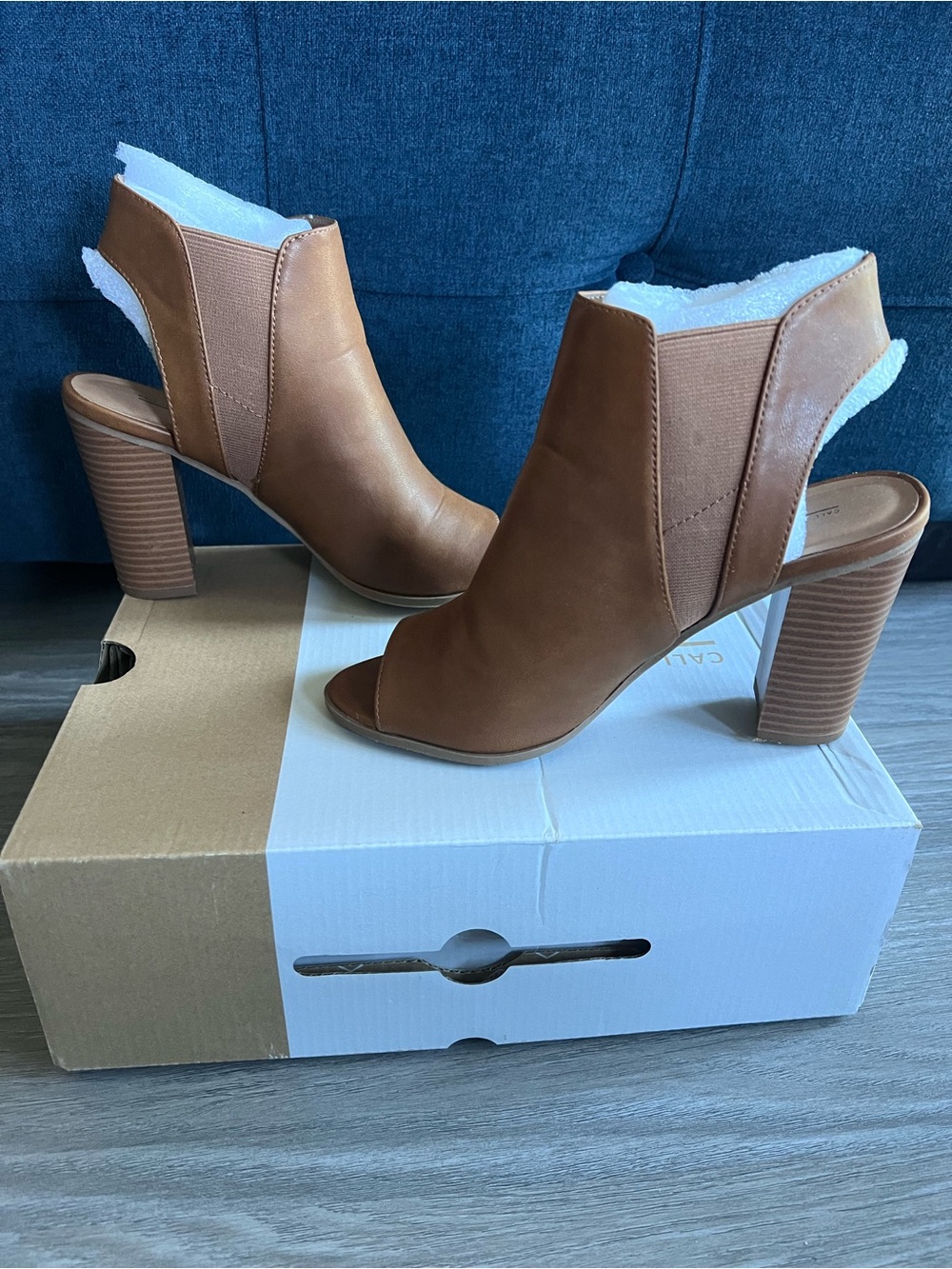 Call It Spring Tan Peep-Toe Stacked Heel Mules - Picture 9 of 10